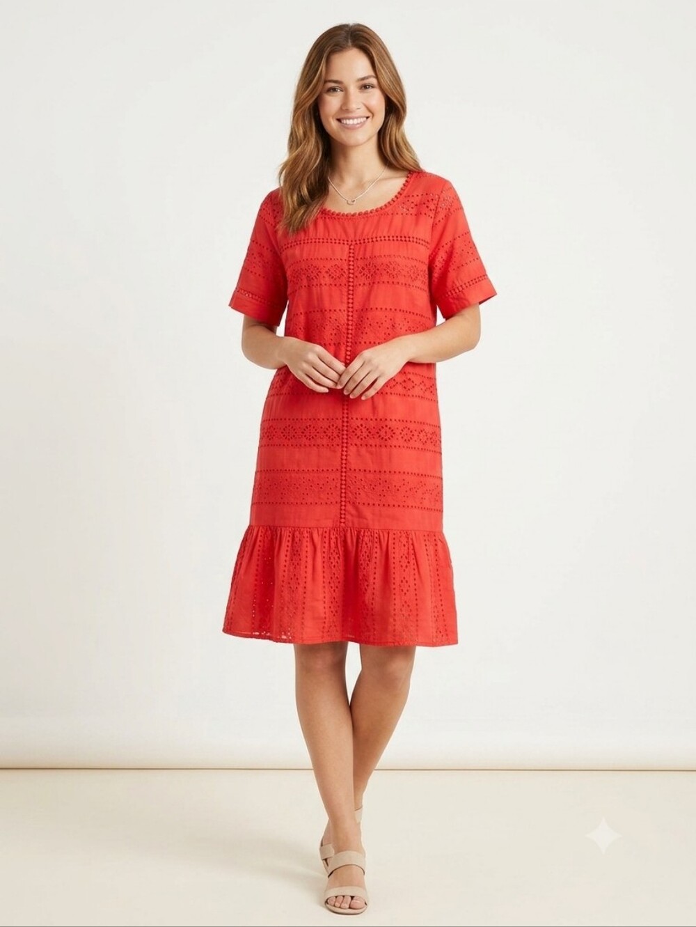 Short-Sleeve Red Eyelet Midi Dress with Ruffle Hem